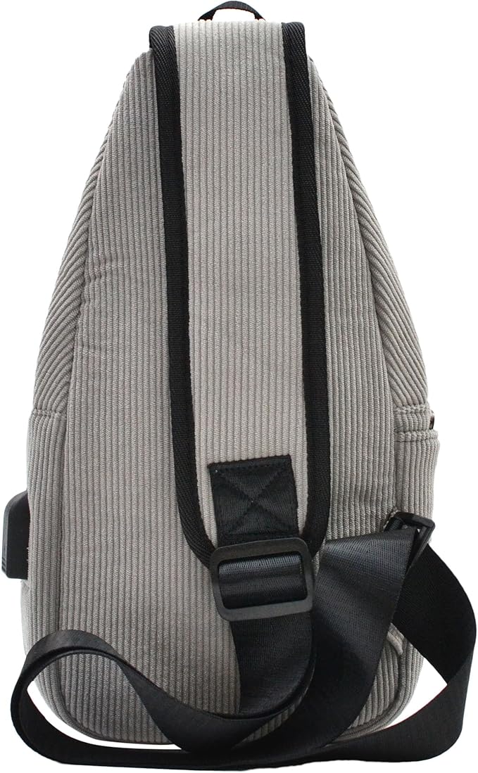 Anti-Theft Daypack Crossbody Sling Backpack, USB Charging, Lightweight Day Pack for Travel, Hiking, Everyday, Regular, Gray Corduroy