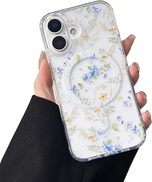 ZTOFERA for iPhone 17 Magnetic Case Compatible with Magsafe,Aesthetic Floral Pattern Design Cute for Girl Women,Anti-Drop Protective Hard Phone Cover for iPhone 17-Blue Flower