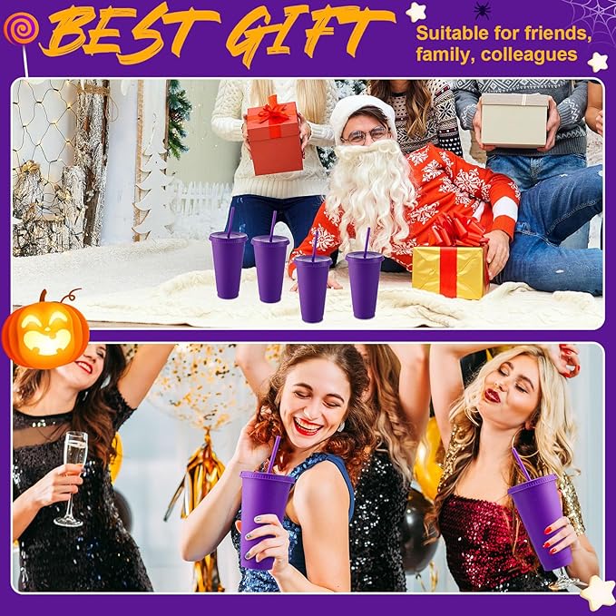 Honeydak 60 Pack Tumbler with Straw and Lid Bulk Glitter Plastic Cups Water Bottle Iced Coffee Travel Mug Reusable Party Favor Cups for Birthdays travel 24-27 oz (Purple)