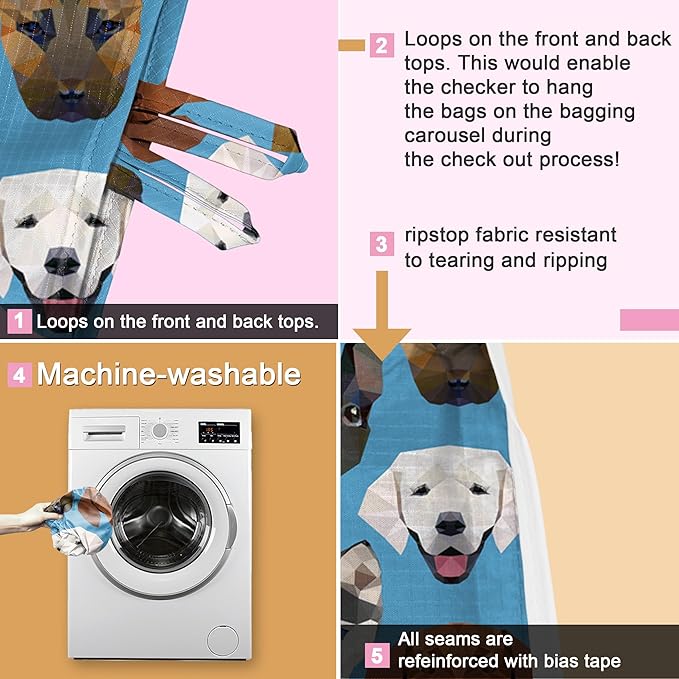 BeeGreen Animal Lover Reusable Grocery Bags | Foldable Tote Bags with Handles, Reusable Gift Bulk 6 Set for Women, Heavy Duty Washable Polyester Travel & Shopping Basket.