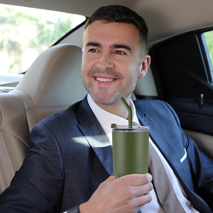 VEGOND 30 oz Insulated Stainless Steel Tumblers with lid and straw Bulk Pack Coffee Mug with Non-Slip Silicone Base, Sweat Proof Powder Coated Cup for Hot Cold Drinks, Army Green 4Pack