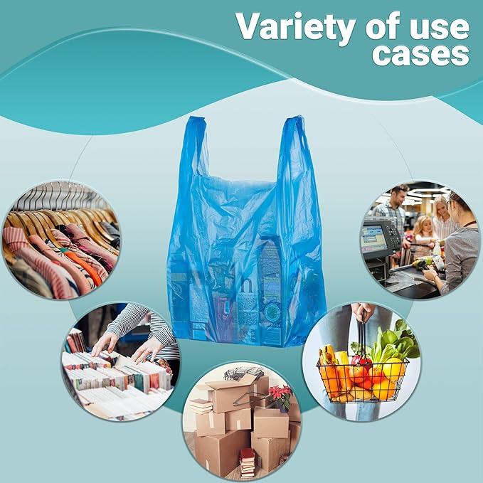 Blue T-Shirt Bags, 12 x 6 x 22 Inches. Pack of 700 Plastic Merchandise Bags, 18 Micron. Unprinted Grocery Bags with Handles. High Density Polyethylene Shopping Bags for Small Business