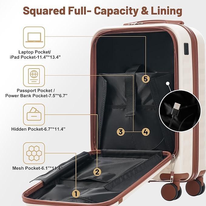 Merax Luggage Sets Front Opening, 2 Piece Hardshell Suitcase with Spinner Wheels and Bags,Lightweight Carry on Luggage with USB Port,20+24,White and Brown