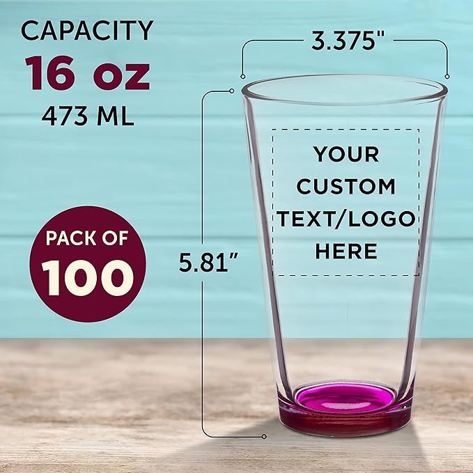 Custom Arc Pint Glass 16 oz. Set of 100, Personalized Bulk Pack - Beer Glasses, Heavy Duty Drinkware - Pink