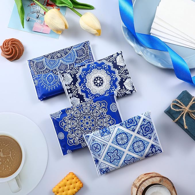 PerKoop 100 Pack Pocket Tissues Travel Slim Packs Small Facial Tissues Wallet Size Toilet Paper for Travel Guest Wedding Supplies, 4 Styles(Geometric Flower)