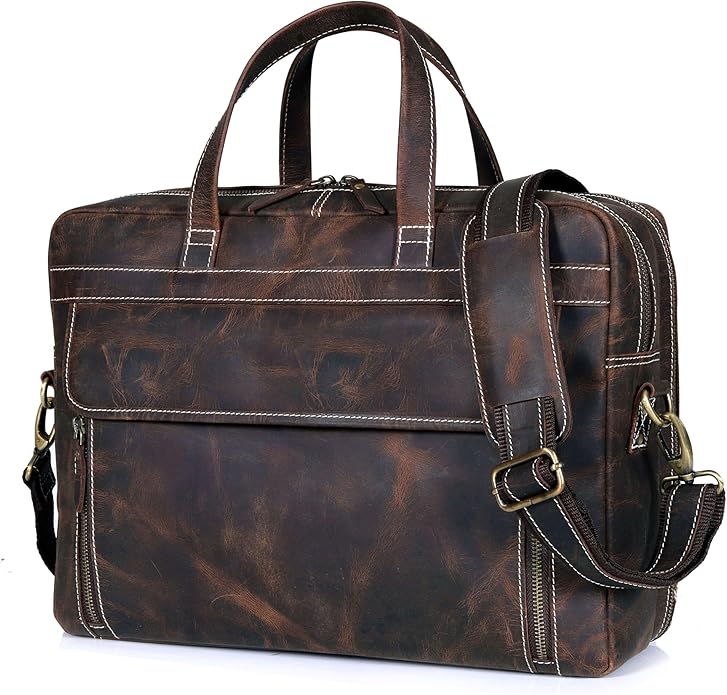 HLC 18 Inch Full Grain Leather Briefcase messenger shoulder bags for men and women