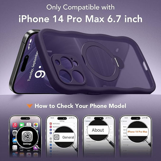 for iPhone 14 Pro Max Case for Women,[Compatible with Magsafe][360° Spin Magnetic Stand][Cute Wave Edge][Military-Grade Protection]Translucent Matte Phone Case for iPhone 14 ProMax, Dark Purple