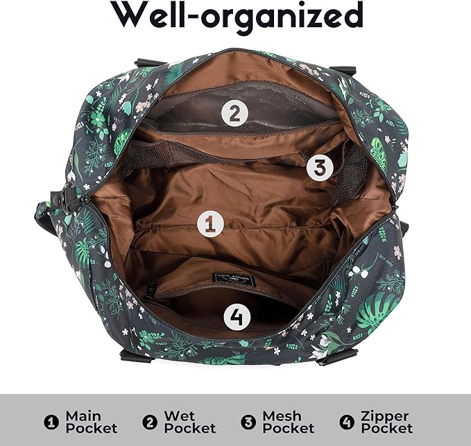 SUNNY BIRD Duffel with Utility Pouch, 40L Weekender Overnight Bag with Shoe Compartment for Travel and Sports (Floral & Foliage)