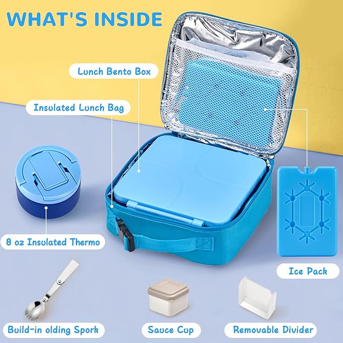 MAXSO Bento Lunch Box Set with 8 oz Soup Thermo, Kids Leakproof 4 Compartments Hot Food Container with Sauce Cup, Ice Pack and Lunch Bag, Child Insulated Food Jar for School - Blue