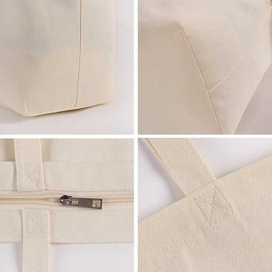 Koolmox 6-Pack 13.5x13.5x3.5 Tote Bags with Zipper, Reinforced Handles and Widen Bottom, Canvas Tote Bag, Grocery Shopping Beach Reusable Totes Bags Vacation Bag Solid Beige Book Bag for Crafts Paint