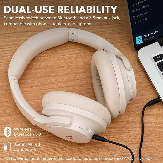 1Mii Y8+ Noise Cancelling Headphones Bluetooth, Wireless LDAC Hi-Res Audio, Custom EQ via App, 75H Playtime, Comfort Fit, Over Ear Headphones Foldable for Airplane Travel Home Office Cream White