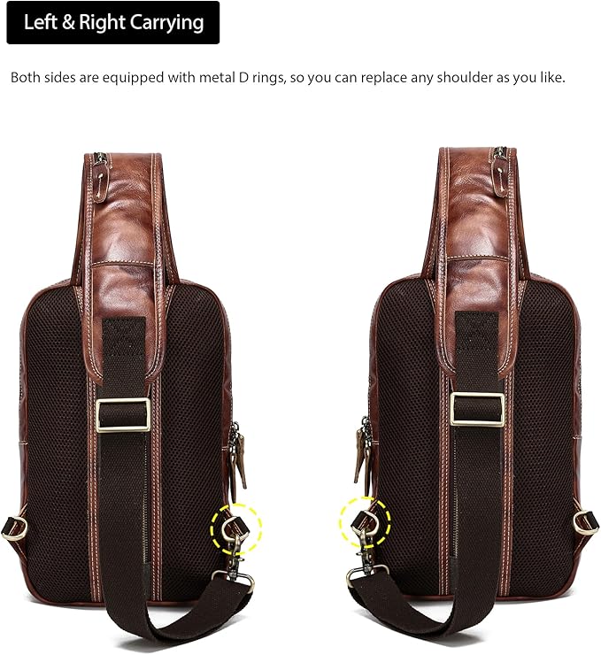 LANNSYNE Vintage Full Grain Leather Sling Bag Crossbody Chest Daypack