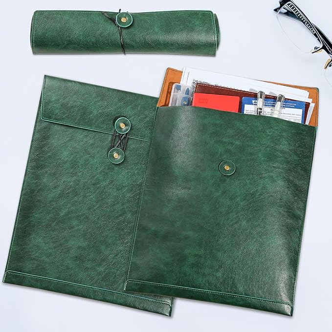 Bright Green PU Leather File Folder for Documents,Important Document Folder with String Tie,Laptop Sleeve Notebook Case,Leather File Organizer, A4 Envelopes Filing Folder