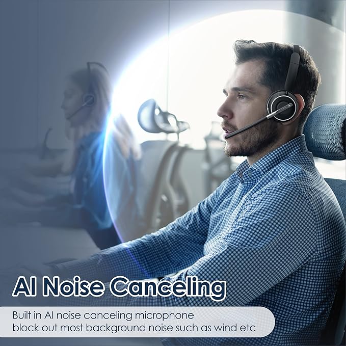 (2025 Upgraded) Wireless Headset with Mic for Work, Bluetooth Headset with Noise Canceling Microphone with Dongle, Charging Base & Mic Mute, Wireless Headphones for Work from Home/PC/Computer