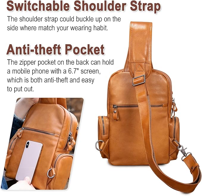 Genuine Leather Sling Bag for Men Large Crossbody Shoulder Bag Casual Sling Backpack Anti-Theft Travel Chest Purse