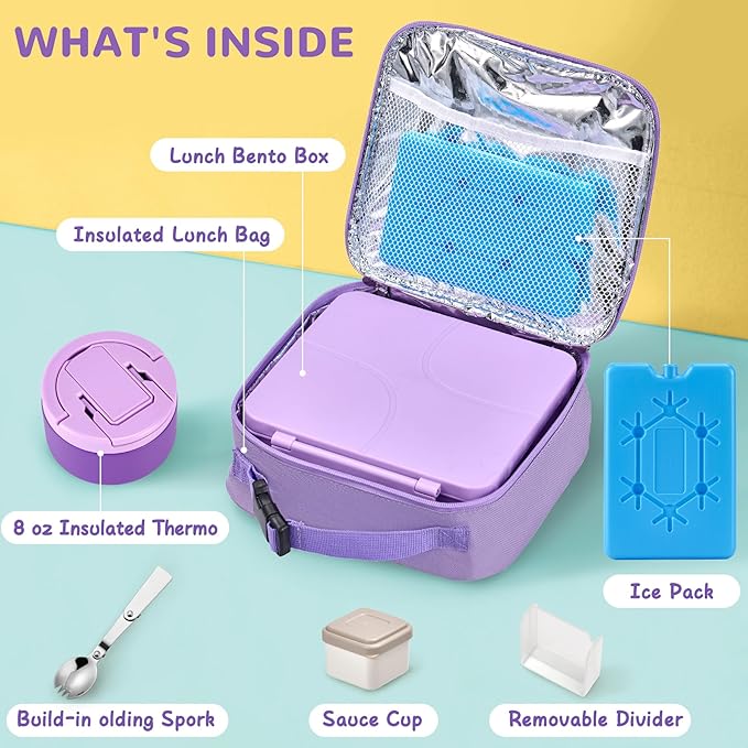 MAXSO Bento Lunch Box Set with 8 oz Soup Thermo, Kids Leakproof 4 Compartments Hot Food Container with Sauce Cup, Ice Pack and Lunch Bag, Child Insulated Food Jar for School - Purple
