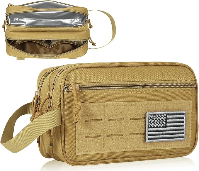 DBTAC Tactical Toiletry Bag for Men | Dry Wet Separate Hygiene Bag Compact Dopp Kit Mens Shaving Kit Travel shower Bag (Tan)