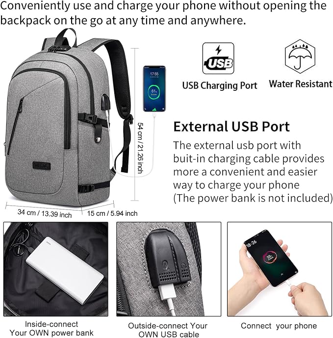 Large Travel Laptop Backpack Water Resistant Anti-Theft 17inch Laptop Bag with USB Charging Port and Lock,Big Business Backpack for Men and Women, Durable Big Capacity Heavy Duty Computer Bag,Grey