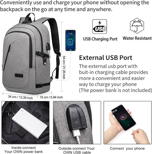 Large Travel Laptop Backpack Water Resistant Anti-Theft 17inch Laptop Bag with USB Charging Port and Lock,Big Business Backpack for Men and Women, Durable Big Capacity Heavy Duty Computer Bag,Grey