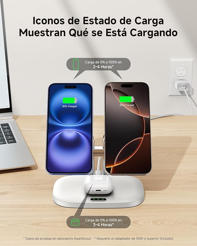 Wireless Charger for iPhone Air/17, SwanScout 706M, Dual Magnetic Charger for iPhone 16/15/14/13/12 Series, Charging Station for AirPods Pro 3/2, AirPods 4/3rd (White)