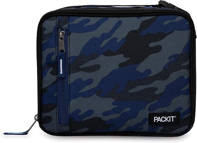PackIt Freezable Classic Lunch Box, Sporty Camo Charcoal Navy, Built with EcoFreeze Technology, Collapsible, Reusable, Zip Closure With Zip Front Pocket and Buckle Handle, Desgined for Lunches