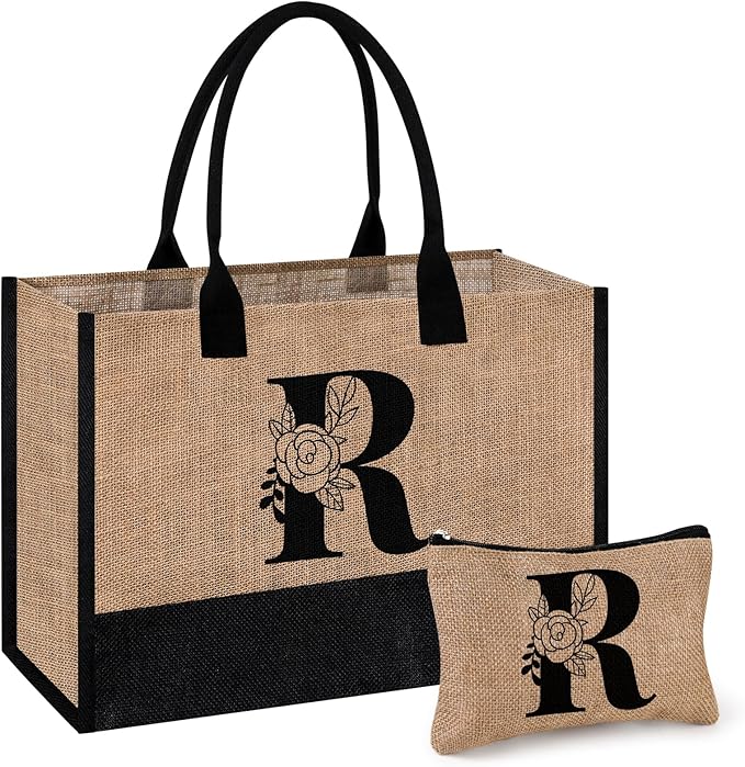 AYGE Personalized Initial Jute Tote Bag & Makeup Bag, Beach Bag, Monogrammed Birthday Gifts for Women Sister Mom Bridesmaid
