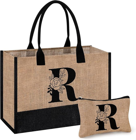 AYGE Personalized Initial Jute Tote Bag & Makeup Bag, Beach Bag, Monogrammed Birthday Gifts for Women Sister Mom Bridesmaid