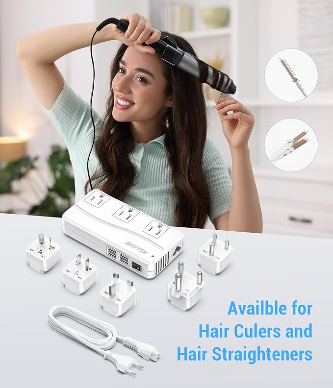 BESTEK 220v to 110v Voltage Converter, US to Europe Converter for Hair Straightener/Curling Iron, Power Converter for European Travel, (US/AU/EU/UK/India/South Africa Universal Plug Adapter)
