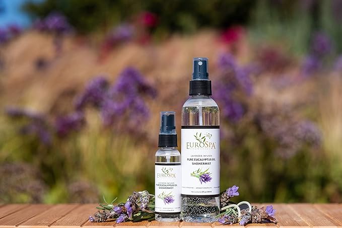 EuroSpa Aromatics Pure Eucalyptus Oil ShowerMist and Steam Room Spray, All-Natural Premium Aromatherapy Essential Oils - Lavender Infused, 8oz