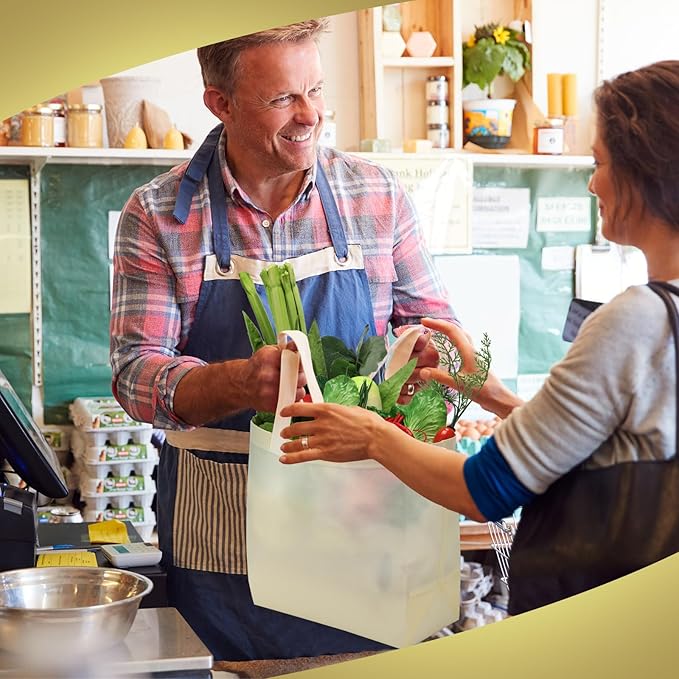 Reginary Reusable Totes Bags - 100 Pcs Non Woven Grocery Handle Bags for Shop Events & Retail Store(Beige)