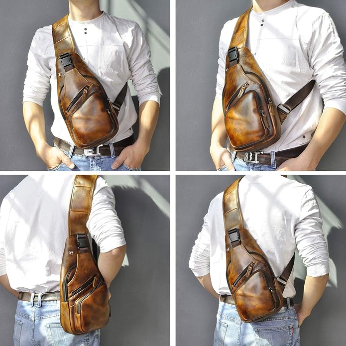 Le'aokuu Men Fashion Casual Tea Designer Travel Hiking Crossbody Chest Sling Bag Rig One Shoulder Strap Bag Men Leather 8015