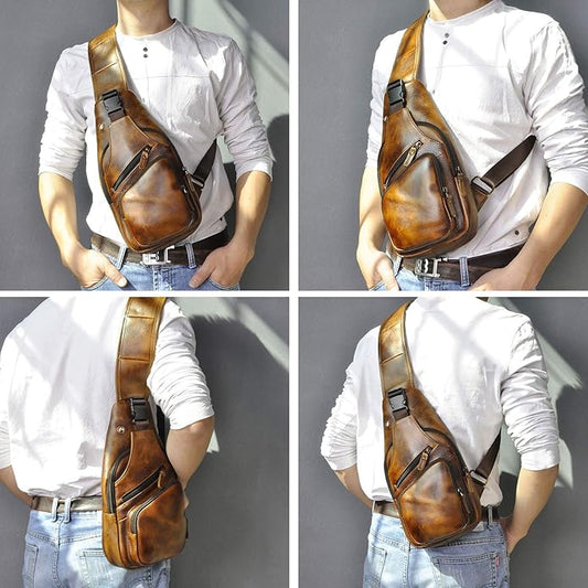 Le'aokuu Men Fashion Casual Tea Designer Travel Hiking Crossbody Chest Sling Bag Rig One Shoulder Strap Bag Men Leather 8015