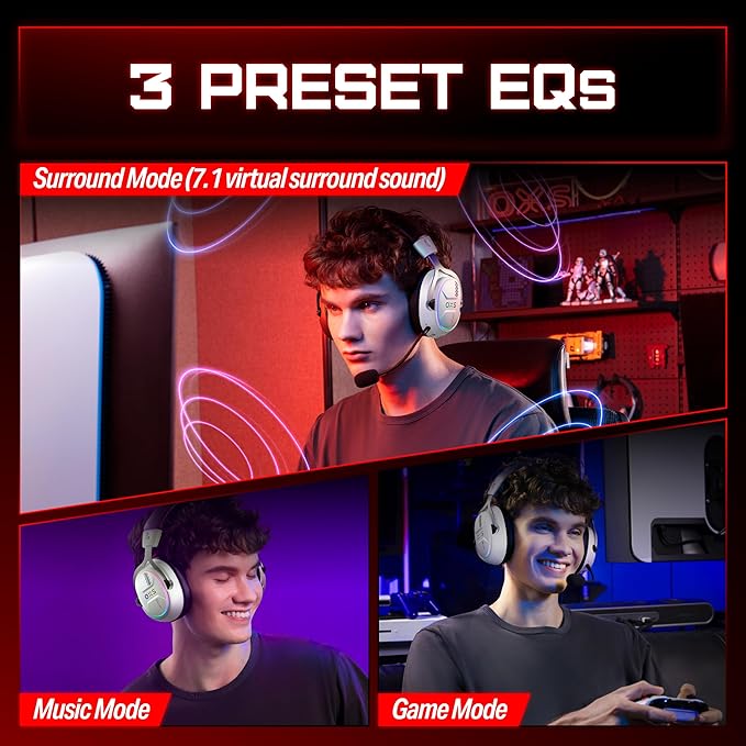 OXS Storm G2 Wireless Gaming Headsets, 7.1 Virtual Surround Sound, 3 EQ Modes, 2.4G Low Latency, 50mm Driver, 40H Playtime, RGB Light, Bluetooth 5.3, Compatible with PC, Console, Mobile, White