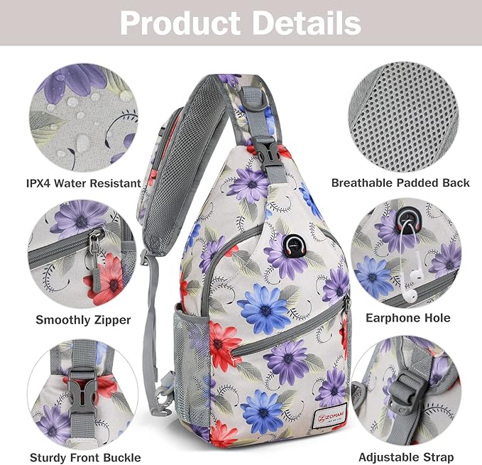 ZOMAKE Sling Bag,Small Crossbody Sling Backpack,Water Resistant Shoulder Daypack for Travel,Anti Thief Chest Bag for Hiking(Color Chrysanthemum)