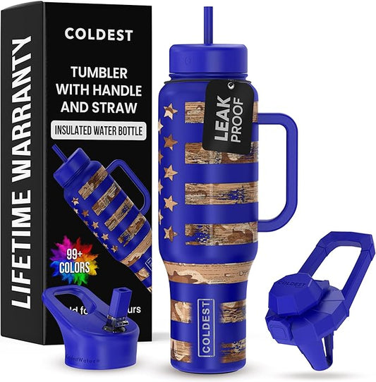 Coldest Tumbler with Handle and Straw - 100% Leak Proof Insulated Tumbler with Lid and Straw (3 Lids) - Stainless Steel Tumblers for Women & Men - Cup Holder Friendly Base, 46 oz (The Democrat)