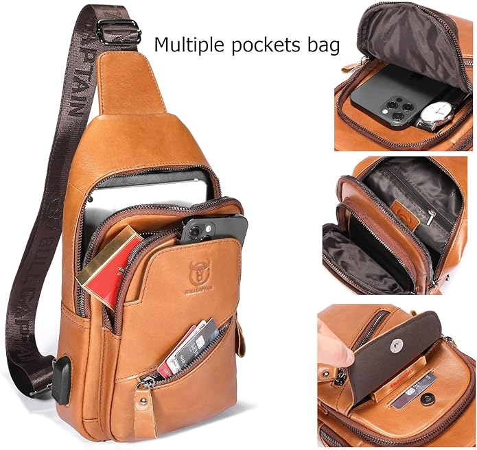 BULLCAPTAIN Mens Leather Sling Bag Backpack Casual Outdoor Shoulder Crossbody Chest Bag with USB Charging Port
