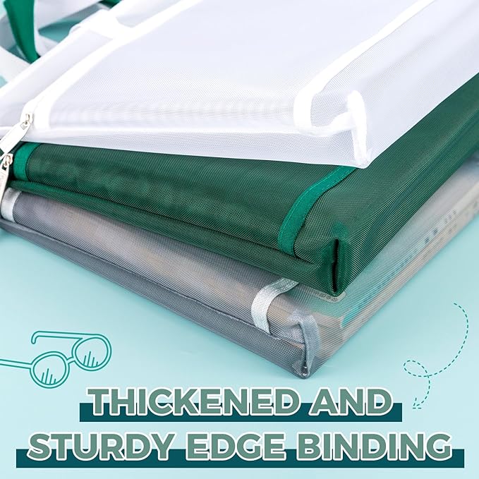 Pendancy Mesh Zipper Pouch A4 Size, Large Double Pocket Lightweight Nylon Transparent File Bag with Handle, 11x13.8 in Foldable Document Storage for Puzzle Project/Cross Stitch/Travel/Office (Green)