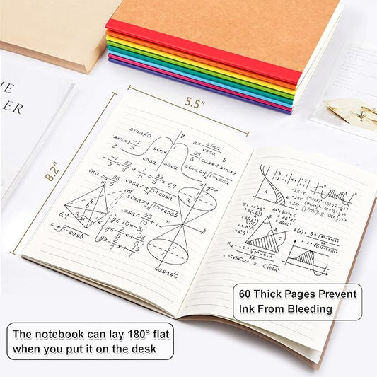 feela 56 Pack Composition Notebooks Bulk, Kraft Cover Lined Blank College Ruled Composition Travel Journals with Rainbow Spines For Women Students Business, 60 Pages, 8.3”x 5.5”, A5, 8 Colors