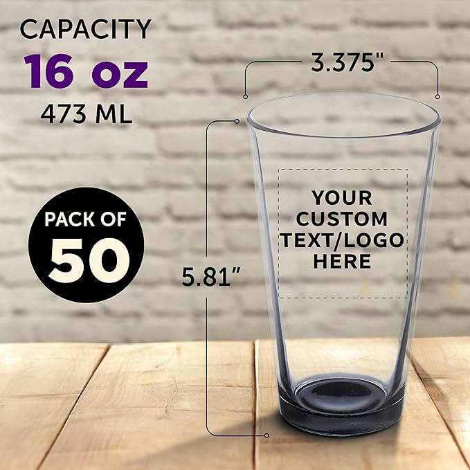 Custom Libbey Pint Glass 16 oz. Set of 50, Personalized Bulk Pack - Beer Glasses, Heavy Duty Drinkware - Black