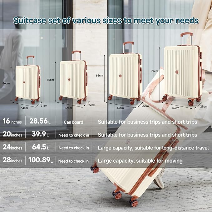 Hoteel Luggage 6-piece Set, 360° Universal Suitcases with Wheels Hard Shell Suitcase with TSA Lock, Including Waterproof Luggage Bag, Travel Maletas for Men and Women,Beige(16/20/24/28Inch)