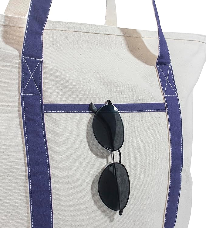 Extra Large Zippered Canvas Tote Bag - 22 Inches, Heavy Duty, Zipper Top Canvas Bag - 100% Cotton, Reusable, Washable, Sturdy, Double Stitched Picnic, Grocery Cotton Shopping Bag with Zipper (Blue)