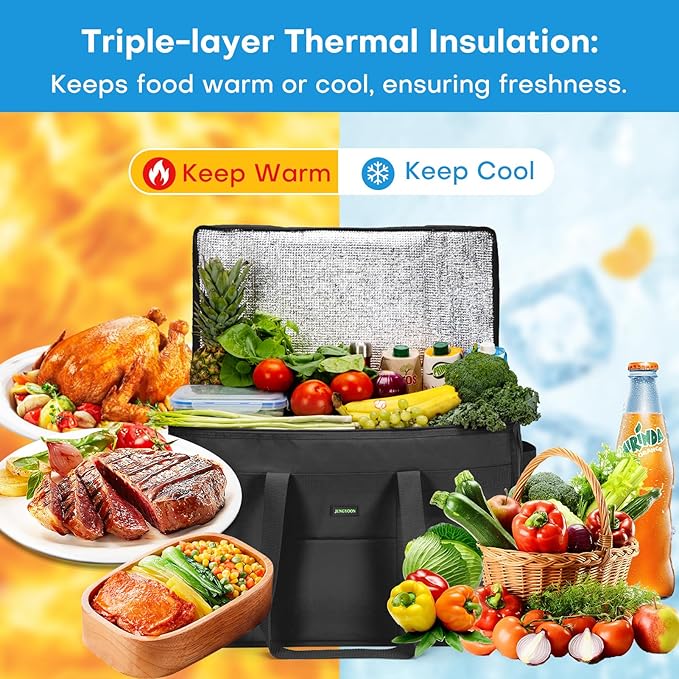 JUNGYOON Heavy-Duty Insulated Grocery Bags & Food Delivery Bag – Picnic Basket with Zippered Top | Reusable Shopping Bags for Groceries, Picnics, Easy Storage (XXXL Black)