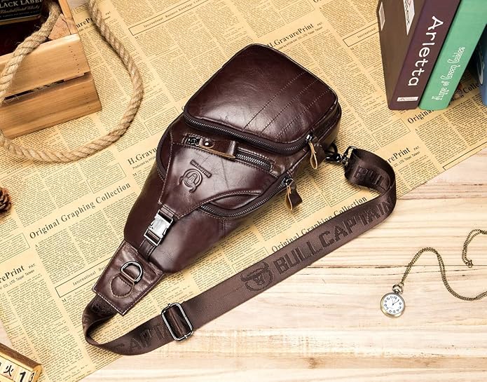 BULLCAPTAIN Leather Men Sling Bag Casual Crossbody Chest Bags Travel Daypack
