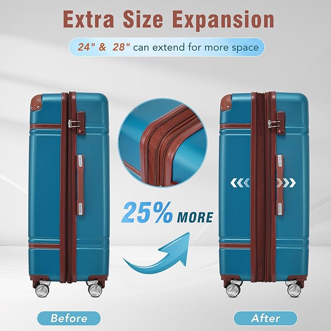 Merax Suitcase Set 24 inches Expandable Luggage with TSA Lock Spinner Wheels Hardshell Lightweight Vintage Luggage with Travel Bag,Blue