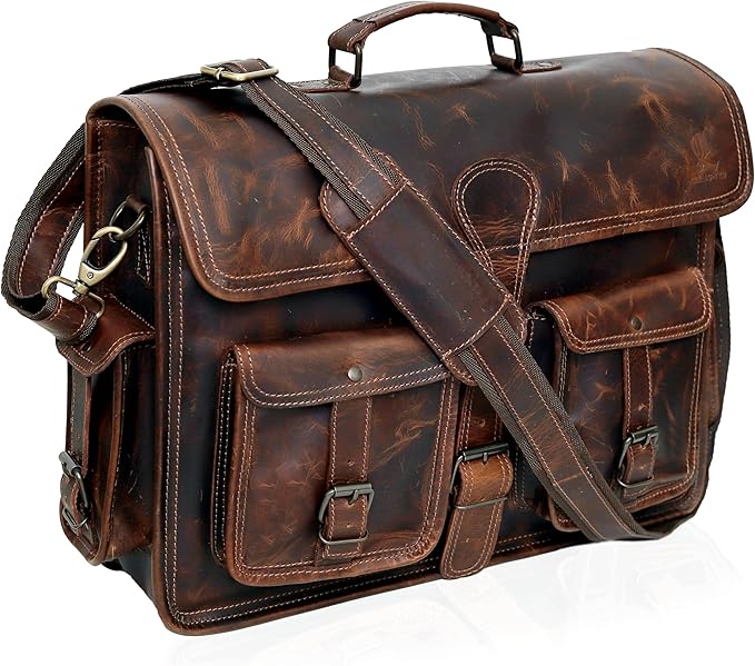cuero Leather Briefcase Work Bag for Men Women Dark Brown Crossbody Genuine Leather Satchel Office Bag for Men Women 18 Inch Computer Travel Messenger Laptop Shoulder Bag Cureo