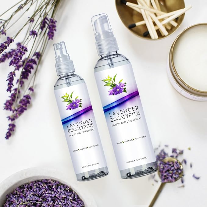 Two Pack Lavender Eucalyptus Pillow and Linen Spray, Best Set for Travel and Home, Strong Essential Oil Mist for Relaxing the Body and Mind (Lavender Eucalyptus, 4oz/8oz)
