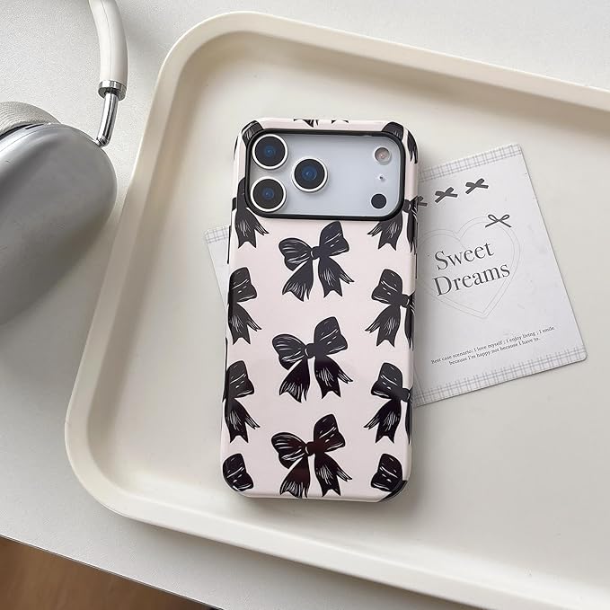 QLTYPRI Case for iPhone 17 Pro, Aesthetic Black Ribbon Bow Phone Case for Girls Women, Protective Hybrid 2-Layer Hard Shell Silicone Cover Durable Shockproof Phone Cover - Beige