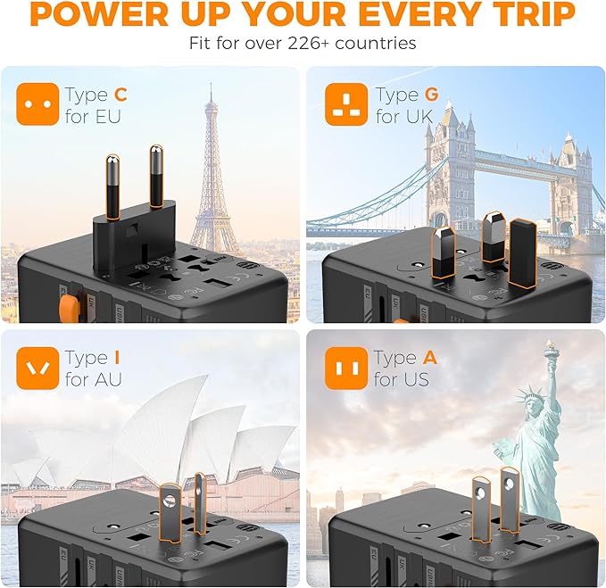 TESSAN Universal Travel Adapter, GaN 65W International Plug Adaptor with 4 USB(2 USB C) Charging Ports, Worldwide Power Outlet for US to European EU UK AUS Ireland(Type C/G/A/I)