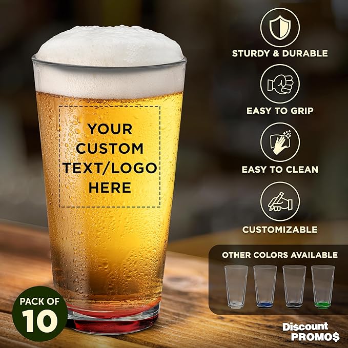 Custom Casale Pint Glass 16 oz. Set of 10, Personalized Bulk Pack - Beer Glasses, Heavy Duty Drinkware - Red