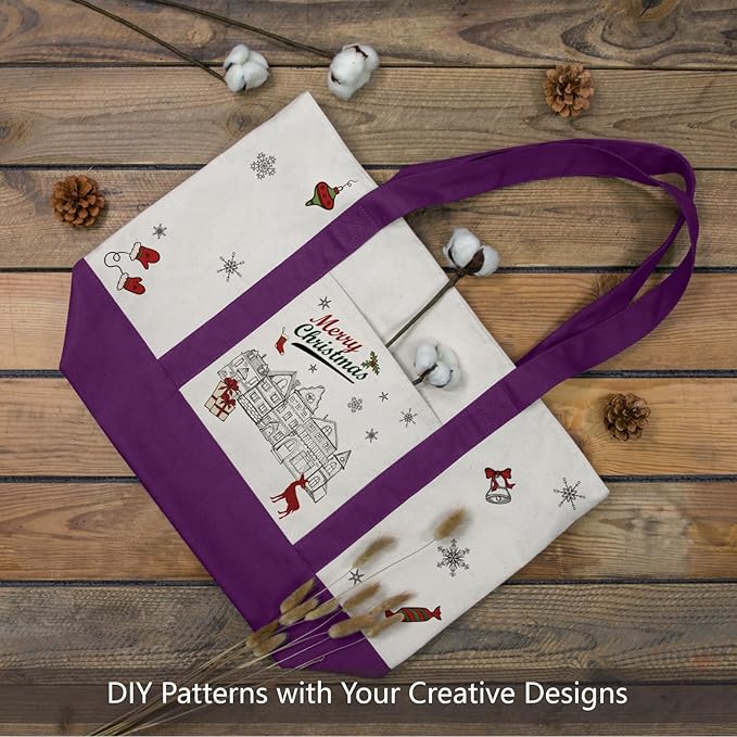 TOPDesign 3-Pack Canvas Tote Bags with an External Pocket, Reusable Grocery Shopping Bags, Top Zipper Closure, Daily Essentials (Purple/Natural)